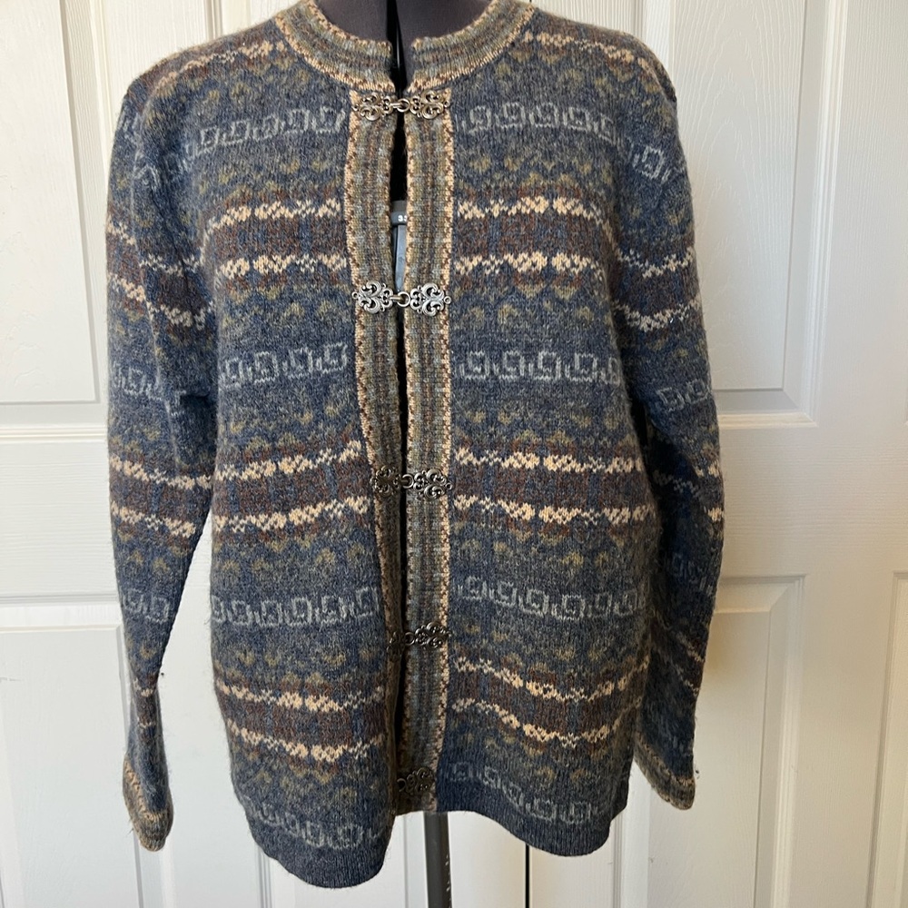 VINTAGE 1990’s Susan Bristol Blue and Brown Knit Cardigan